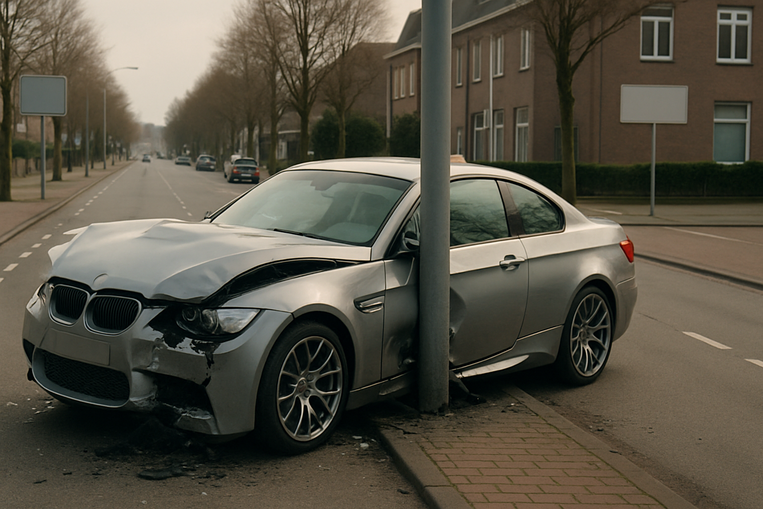 A silver coupe with front-end damage is wrapped around a metal pole on a deserted suburban street at dusk
