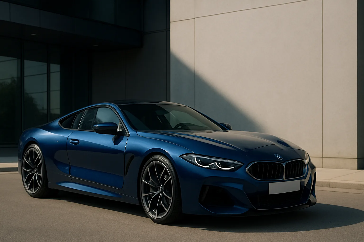Sleek metallic blue sports coupe with large alloy wheels parked on a sunlit street beside a modern concrete building