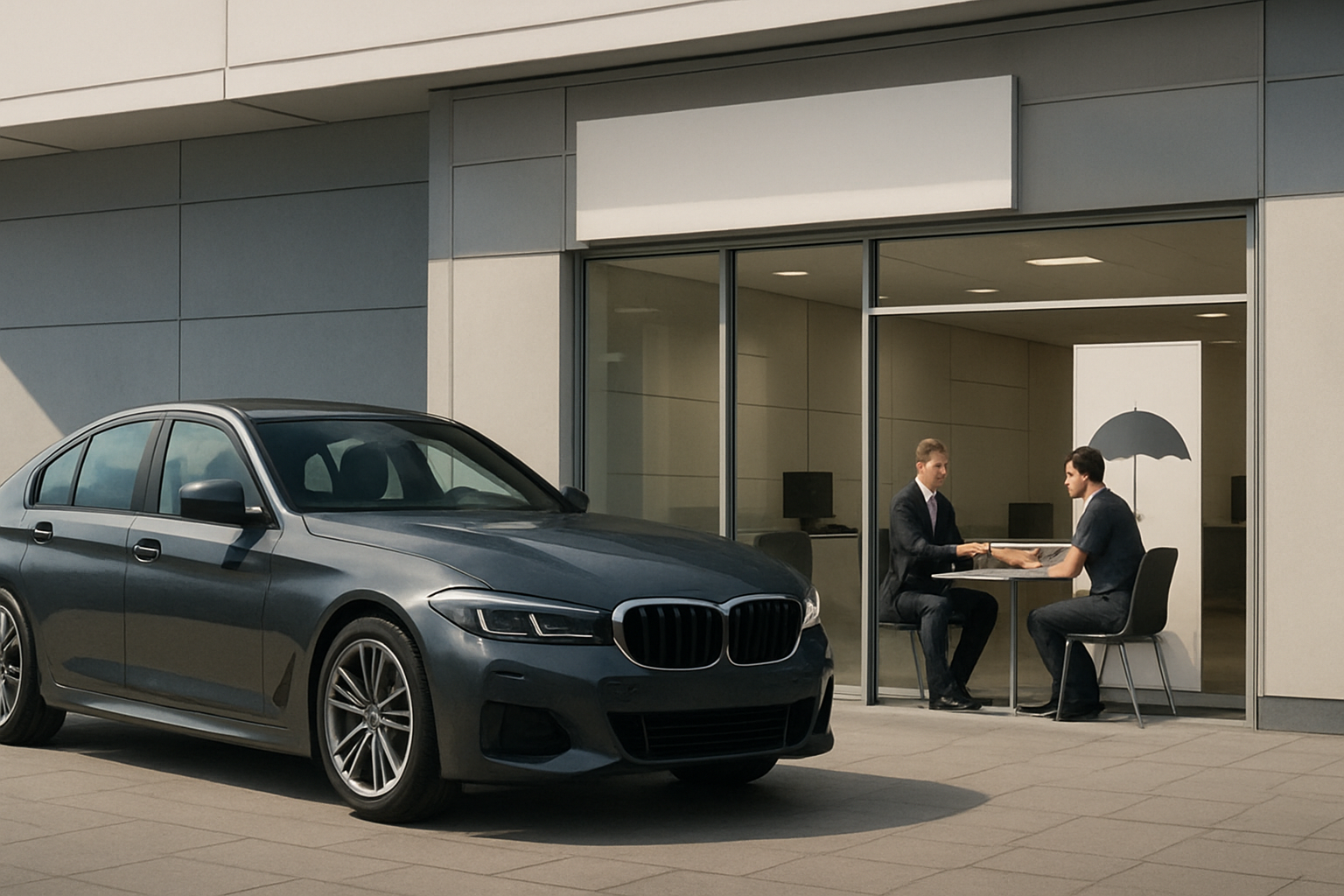 Two men in an office with glass walls talking at a table, with a dark sedan parked outside the modern building