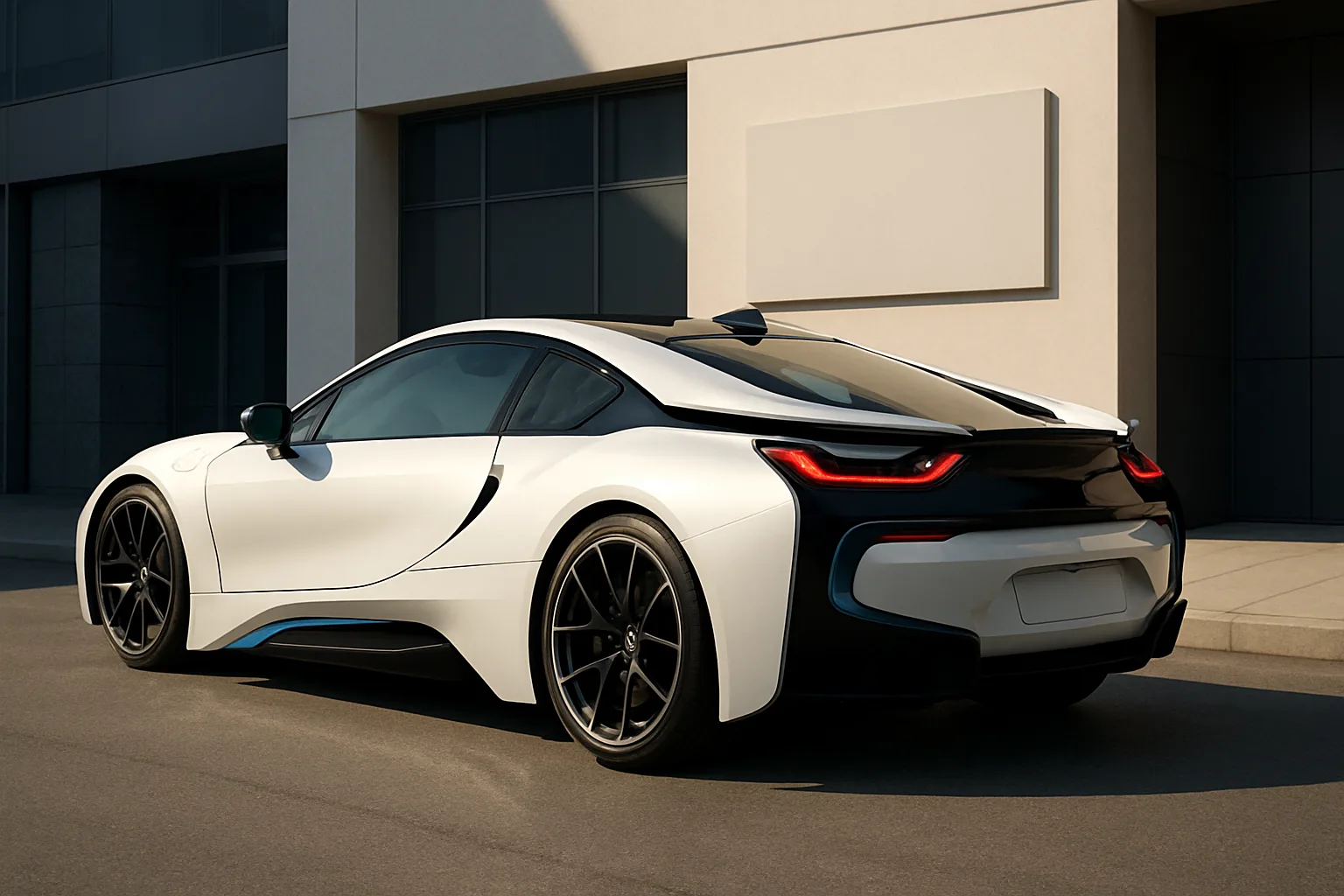 Futuristic white sports car with black accents and glowing red tail lights parked on sunlit pavement beside modern buildings