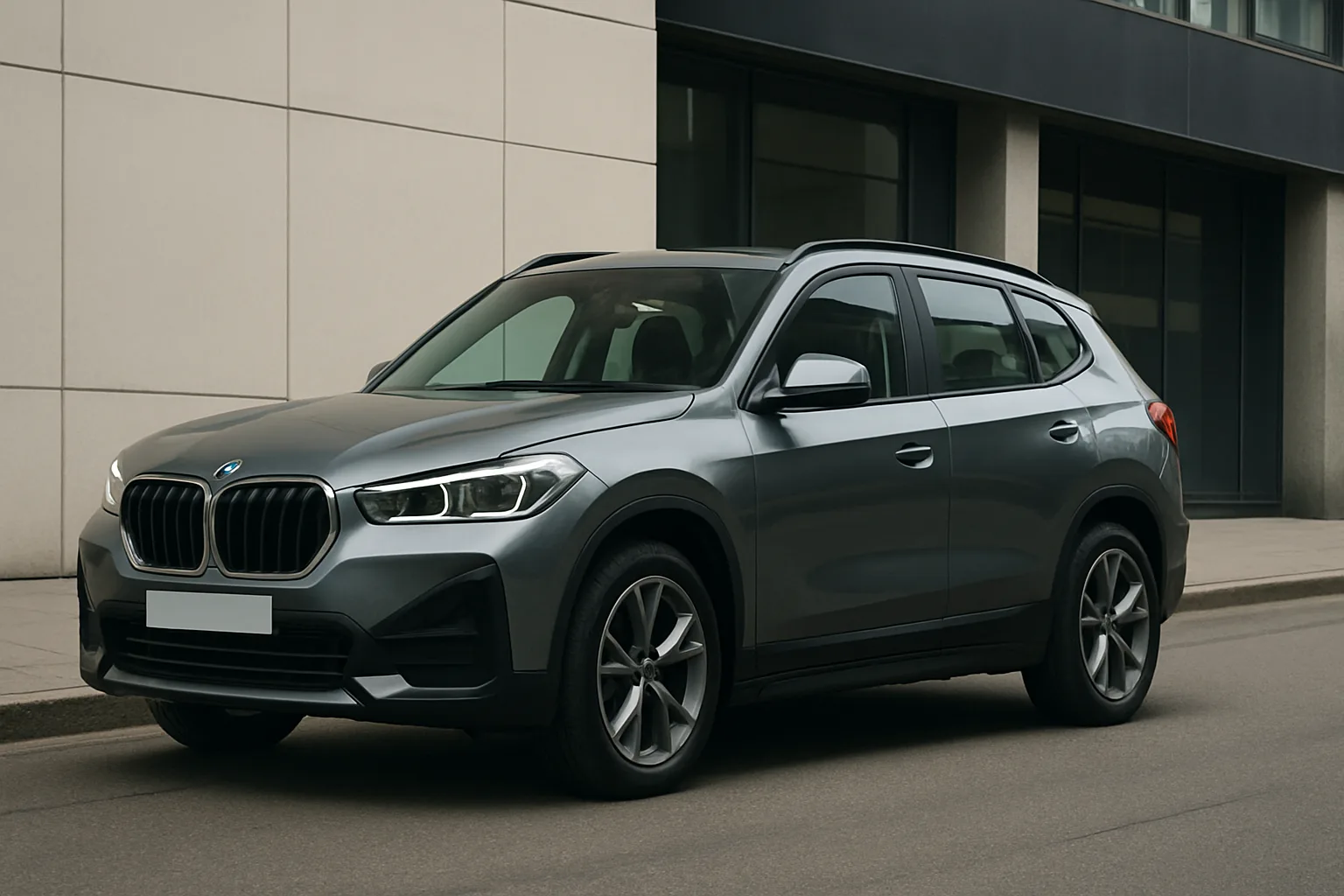 A metallic grey compact crossover with dark windows parked on a city street beside a modern pale stone building