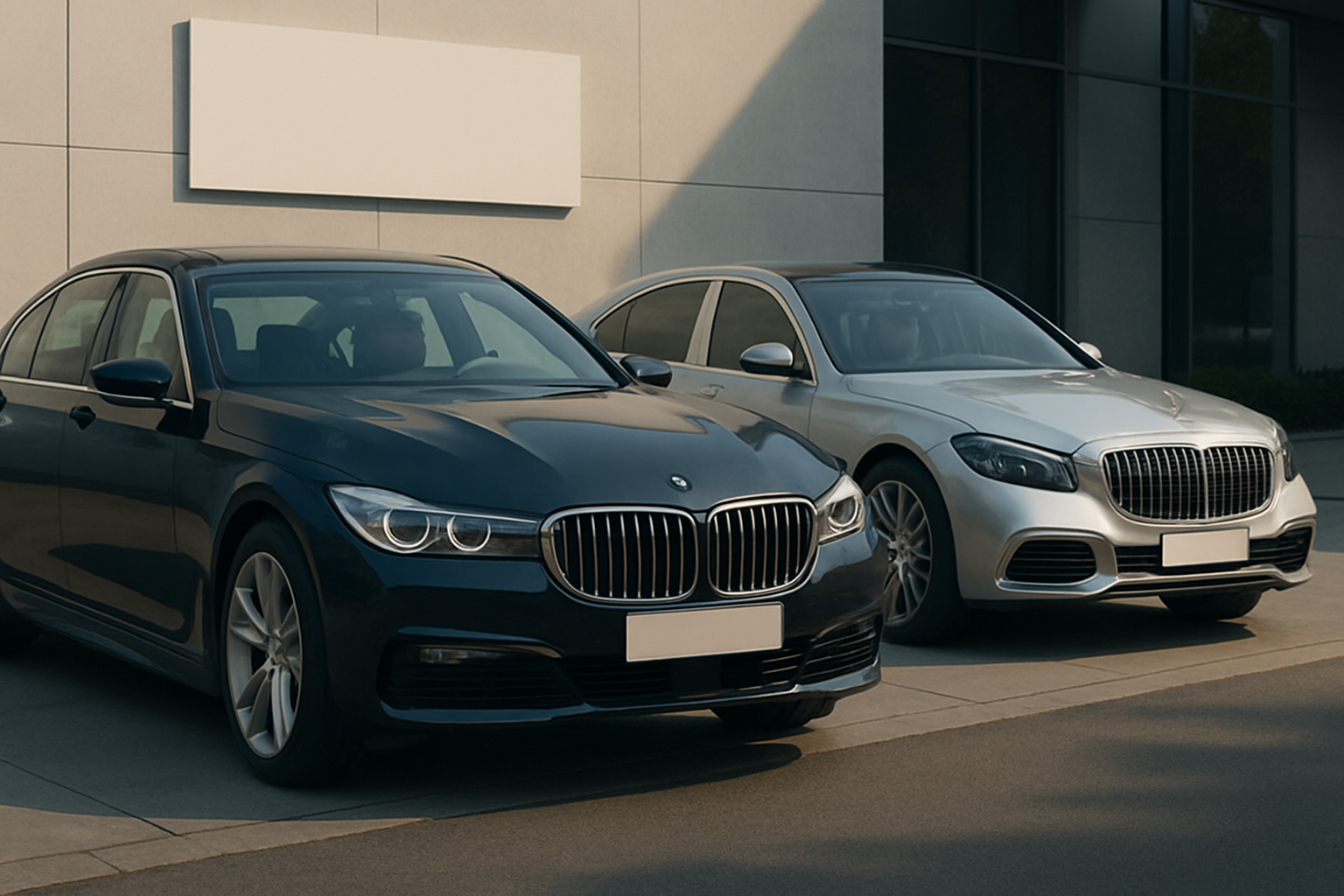 Two sleek silver and dark blue sedans with chrome grilles parked side by side in front of a modern building