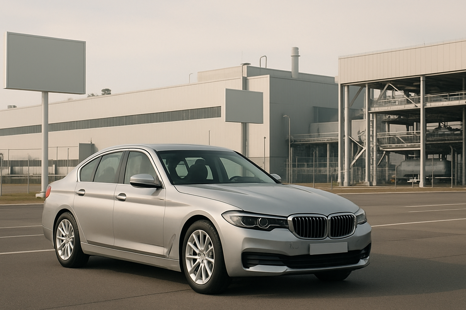 A silver sedan parked on empty asphalt in front of a large modern factory with blank signs under soft daylight