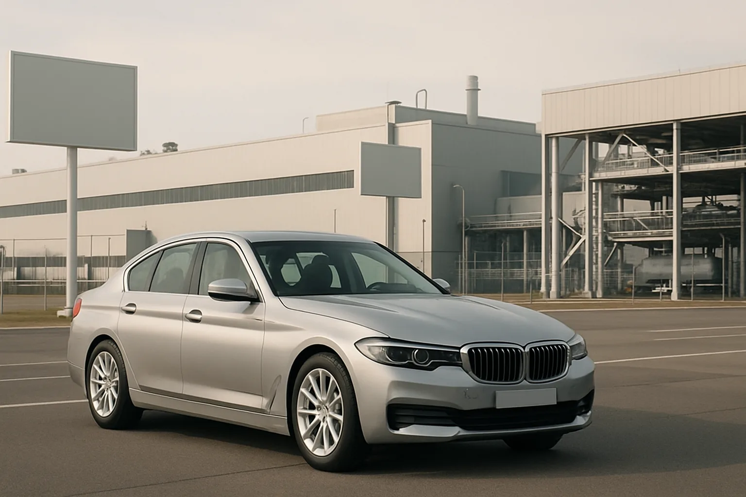 A silver sedan parked on empty asphalt in front of a large modern factory with blank signs under soft daylight