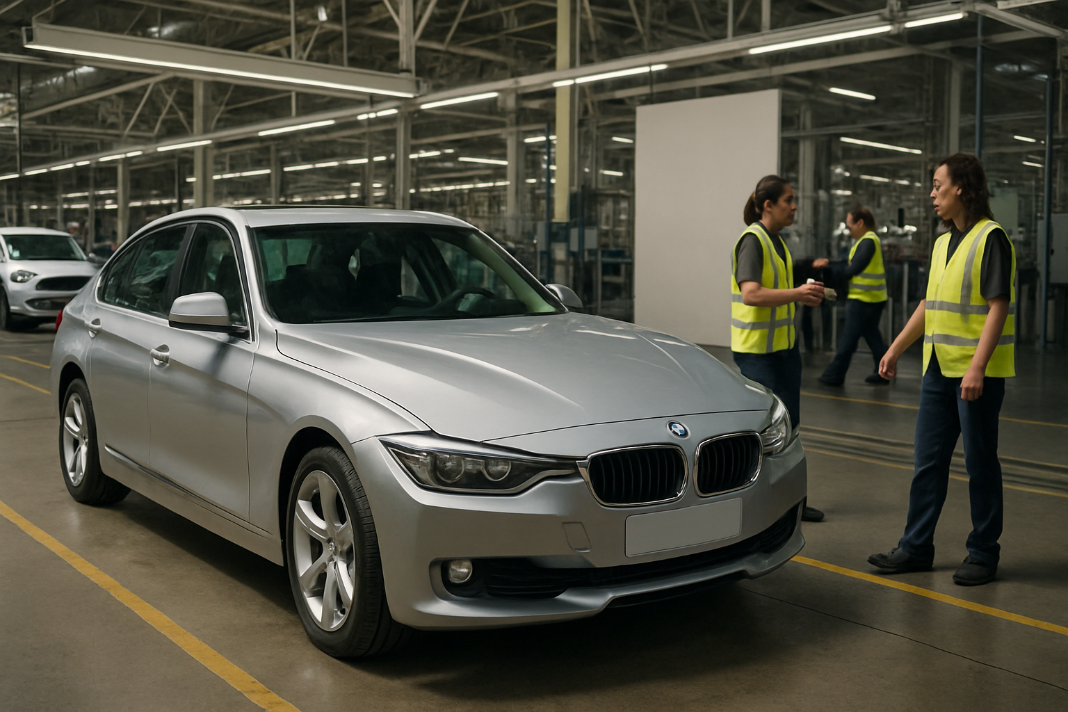 A silver sedan parked in a spacious factory with two workers in high-visibility vests talking nearby
