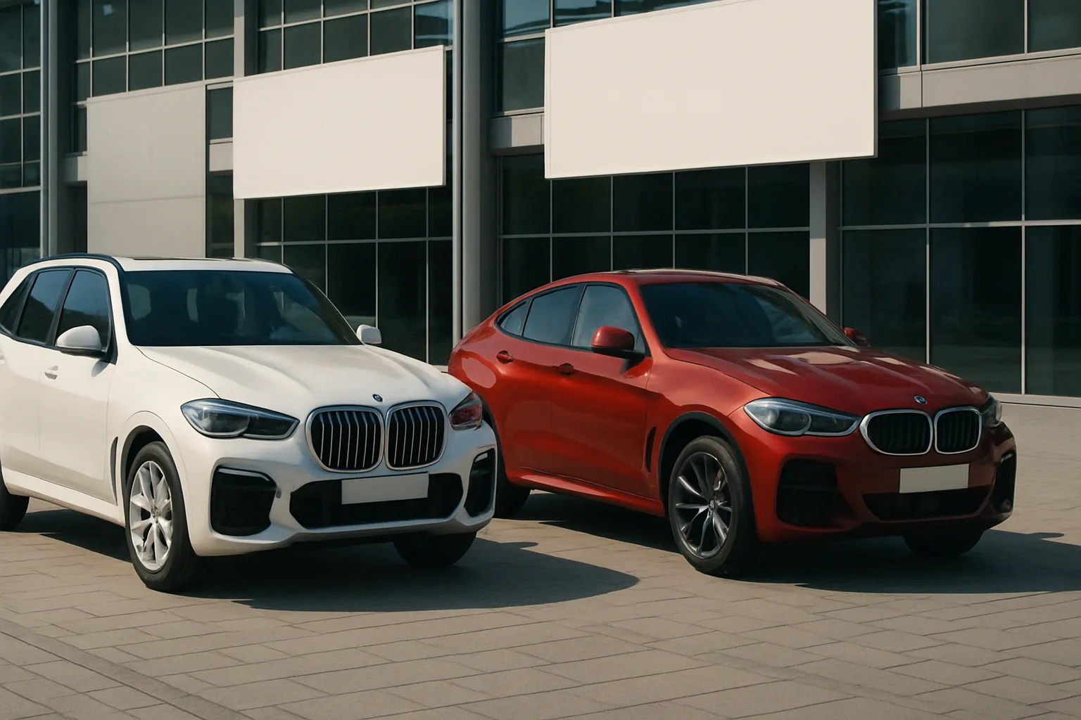 Two modern SUVs, one white and one red, parked side by side on sunlit paving in front of a glass building facade