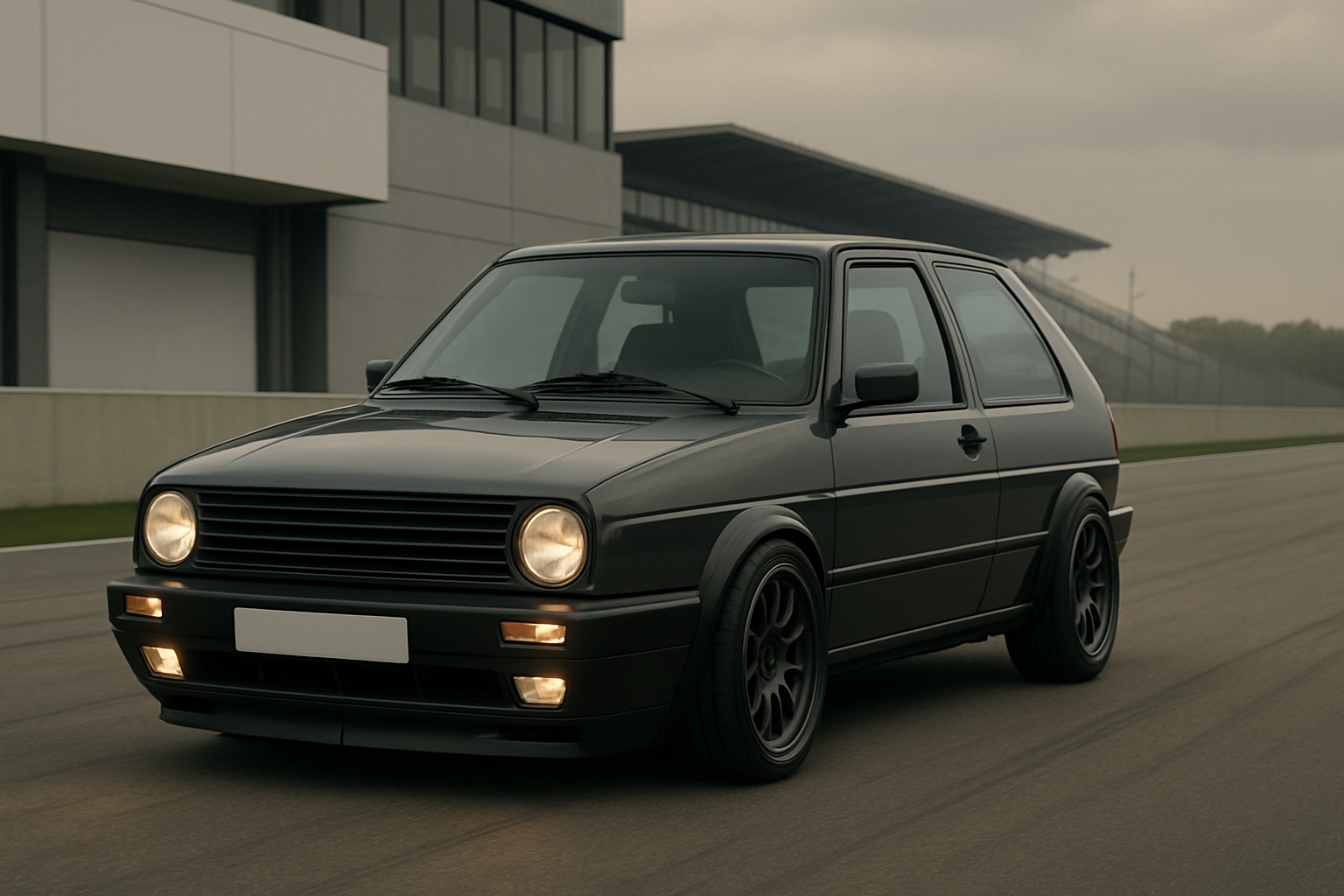 A matte dark grey hatchback with round headlights and black wheels driving on a racetrack beside a modern grandstand