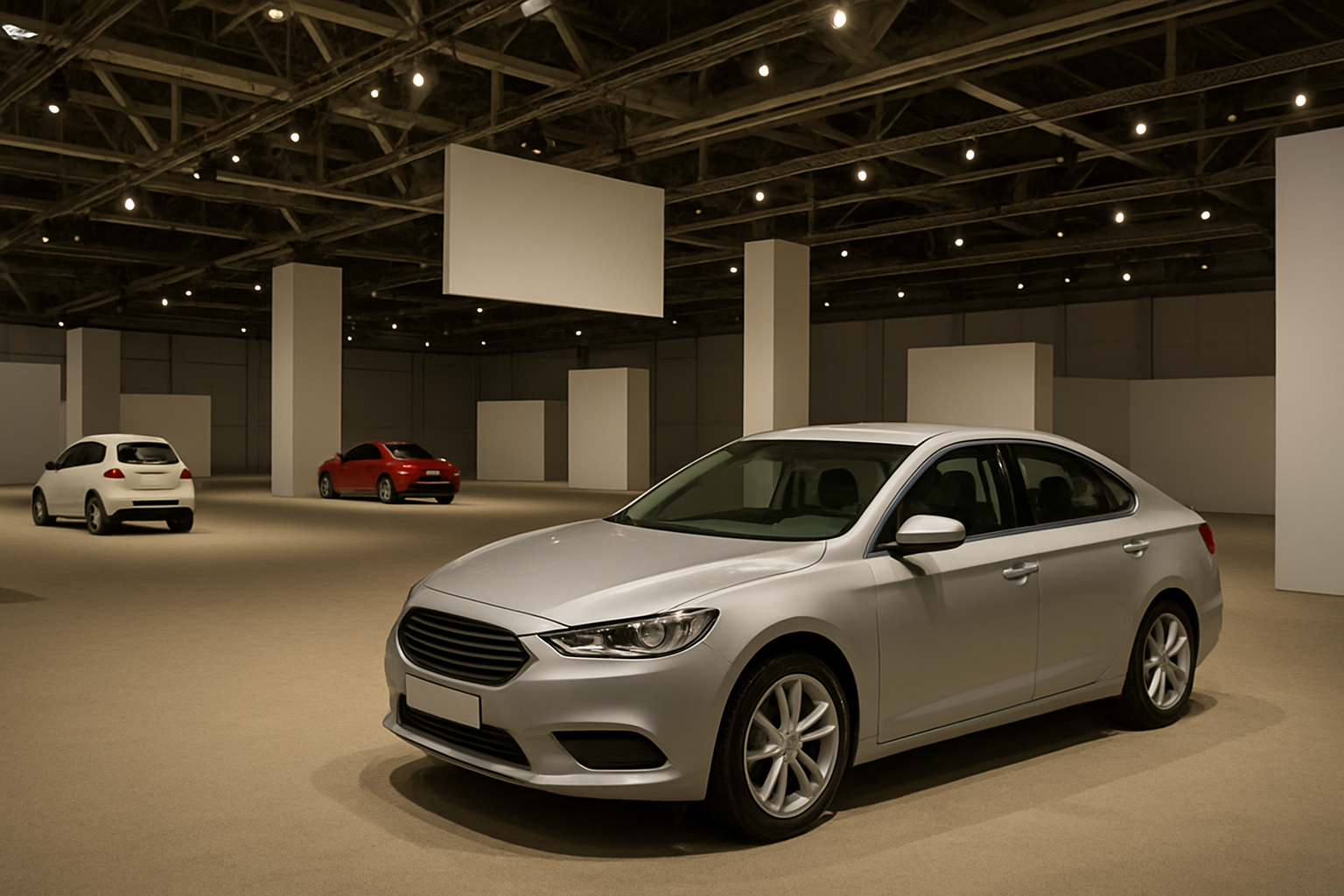 Three generic, unbranded cars in a large, sparsely lit showroom with plain white display panels and exposed ceiling beams