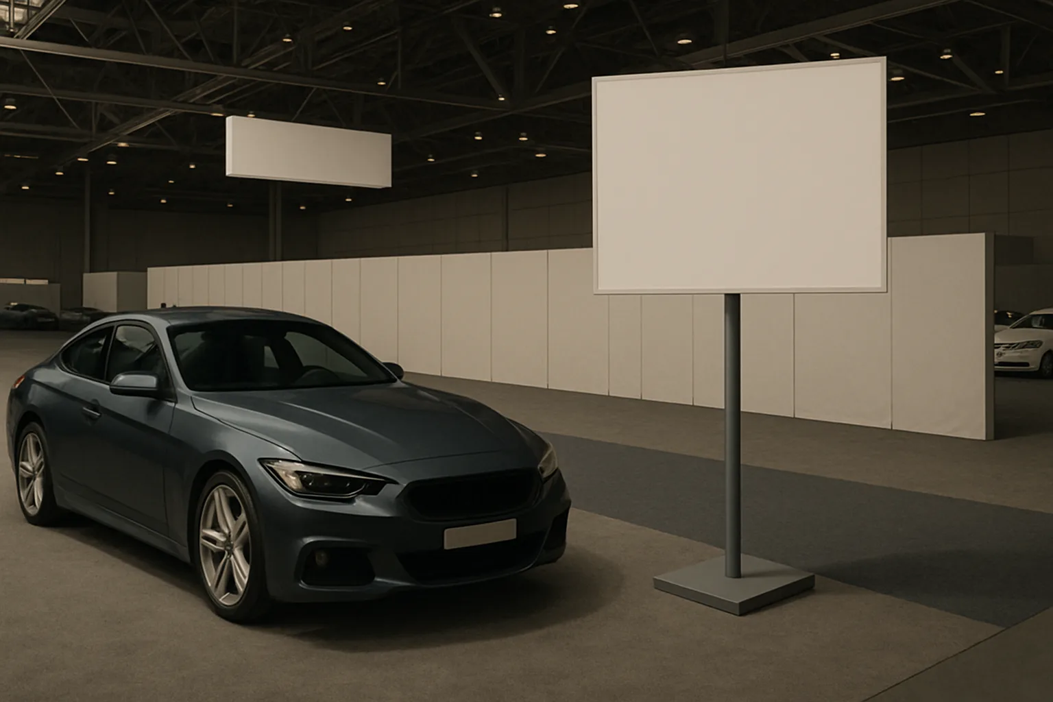 Sleek dark grey coupe parked indoors beside a large blank sign, with empty exhibition booths in the background