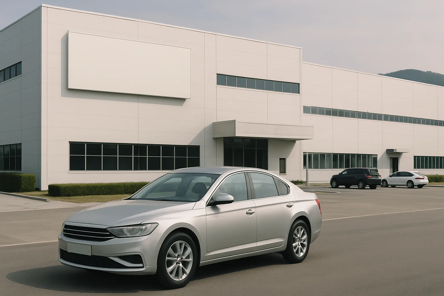 Silver sedan parked on an empty asphalt lot in front of a modern white industrial building with large windows and blank signage