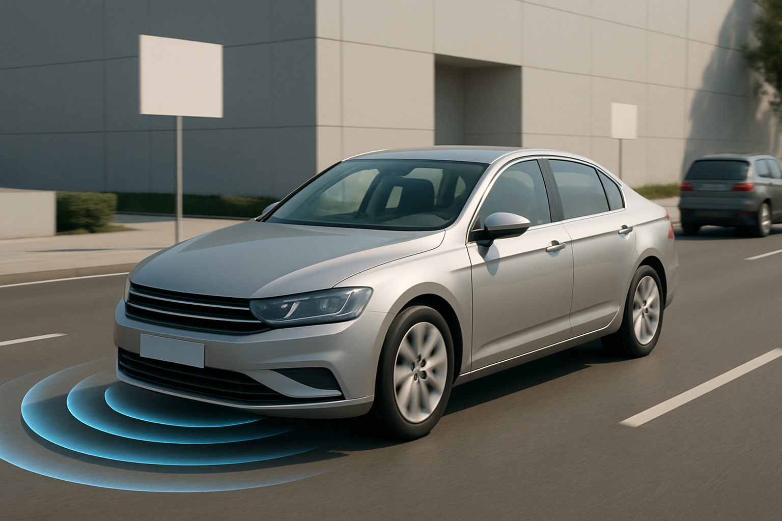 Silver sedan driving on a city street with blue sensor waves shown near its front bumper, blurred buildings in the background