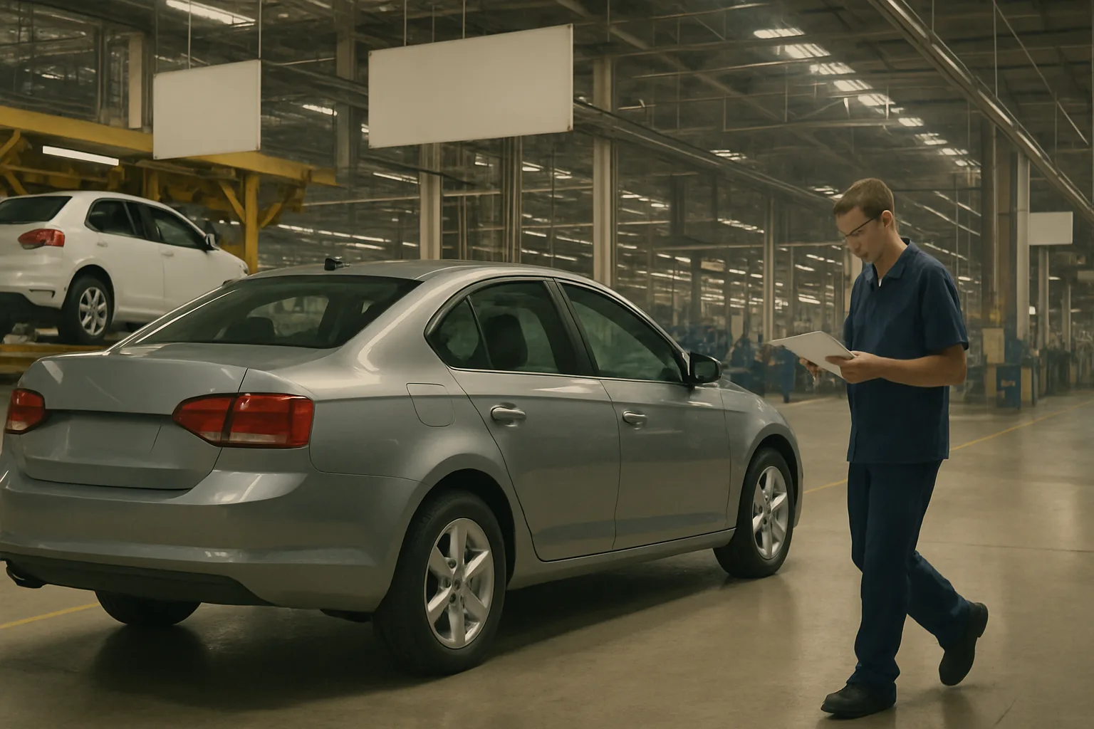 A man in blue work clothes checks a clipboard beside a silver sedan in a spacious, well-lit automotive factory