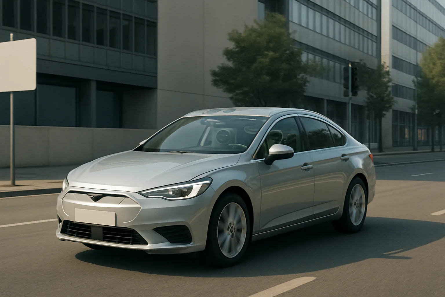 A silver sedan with blank badges drives along a city street lined with modern glass buildings and green trees