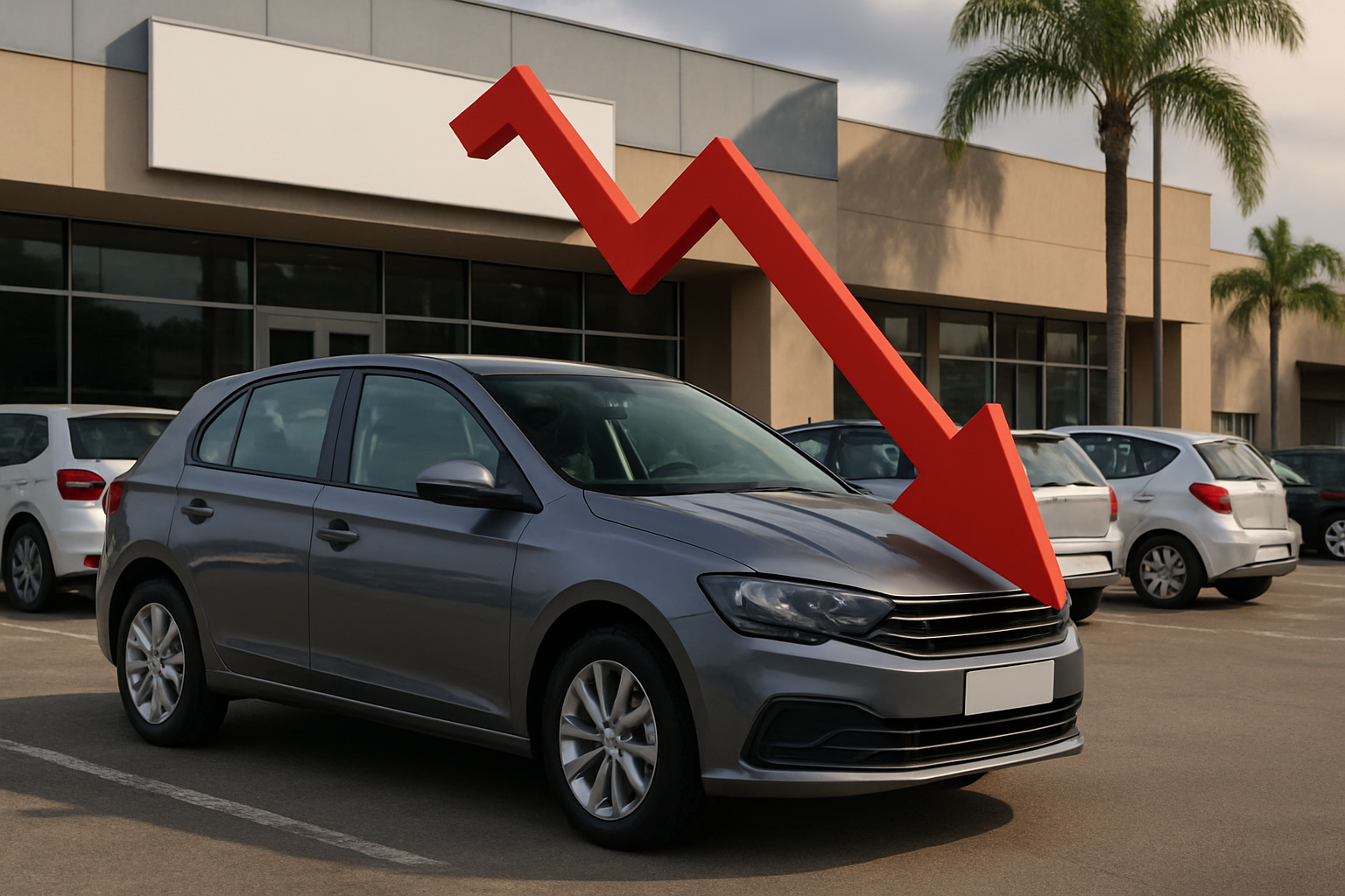 A large red downward arrow hovers over a parked grey hatchback in a sunny outdoor car lot, with palm trees in the background