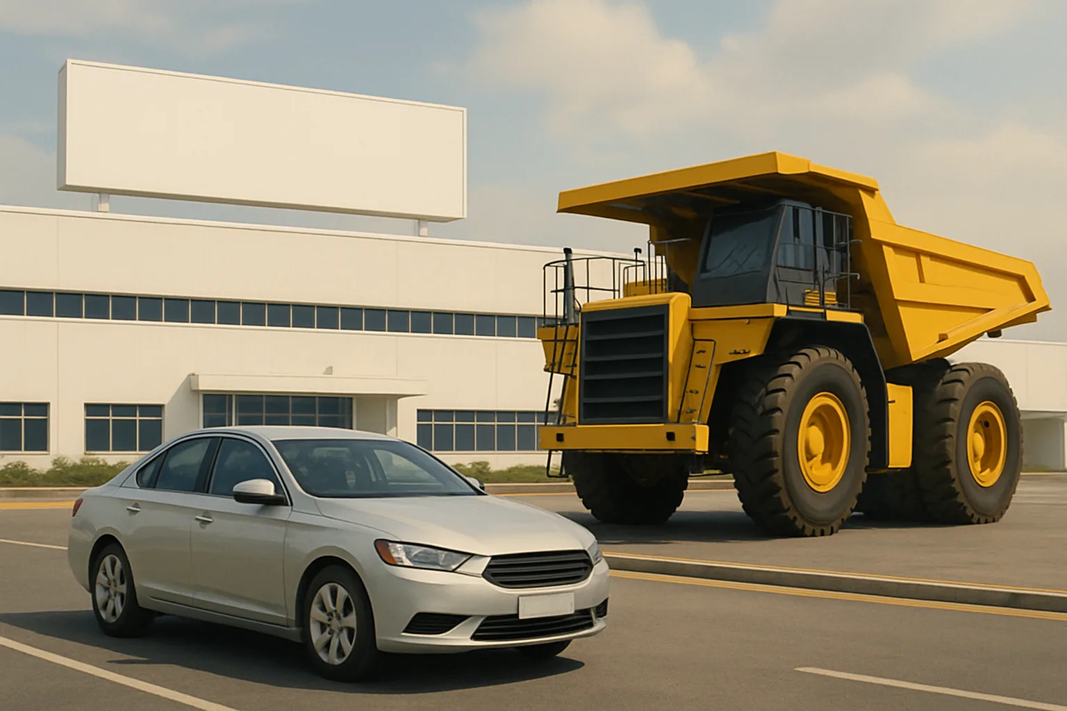 A silver sedan and a massive yellow dump truck parked side by side outside a modern white industrial building