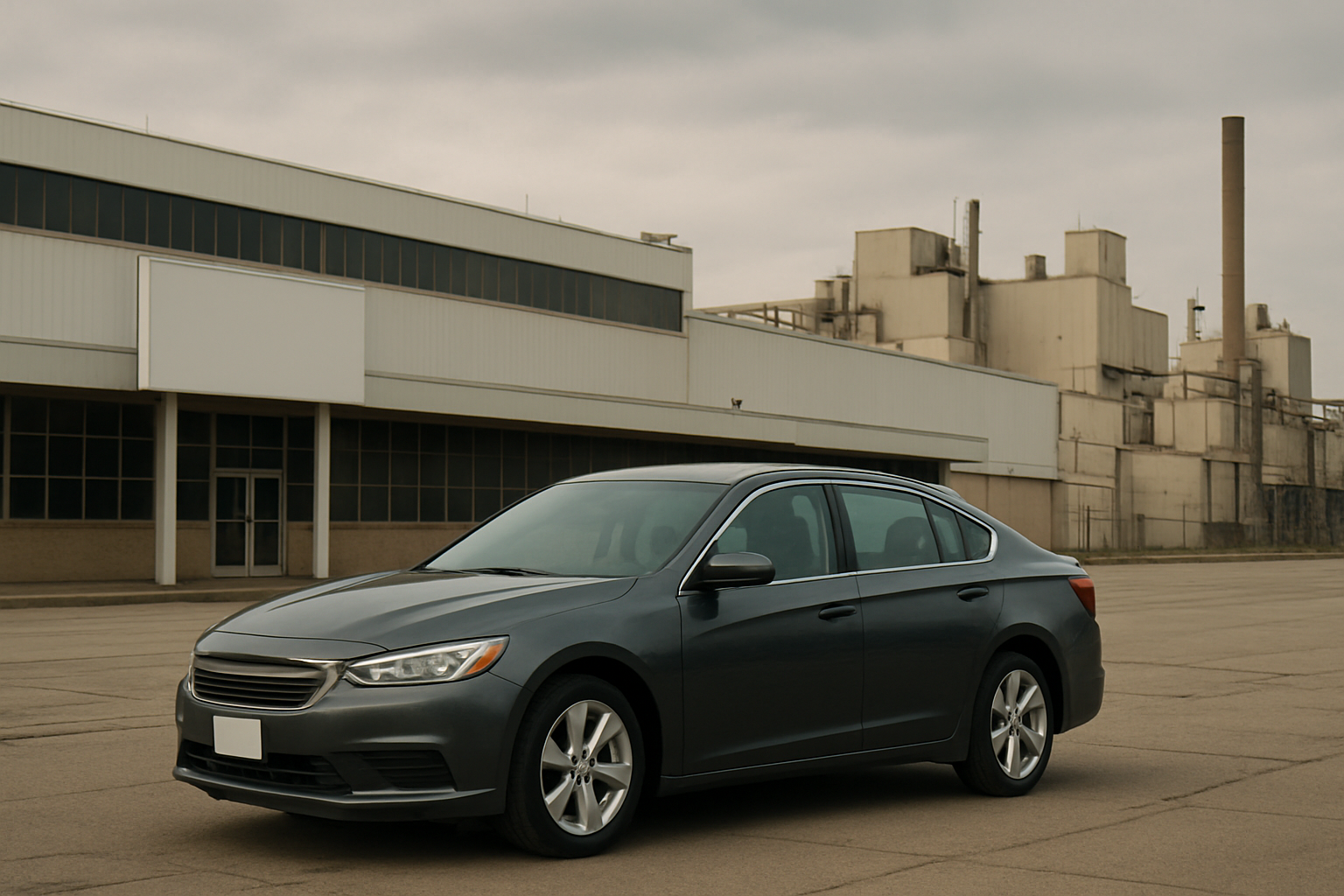 Dark grey sedan parked on an empty asphalt lot in front of a large, beige industrial building under a cloudy sky