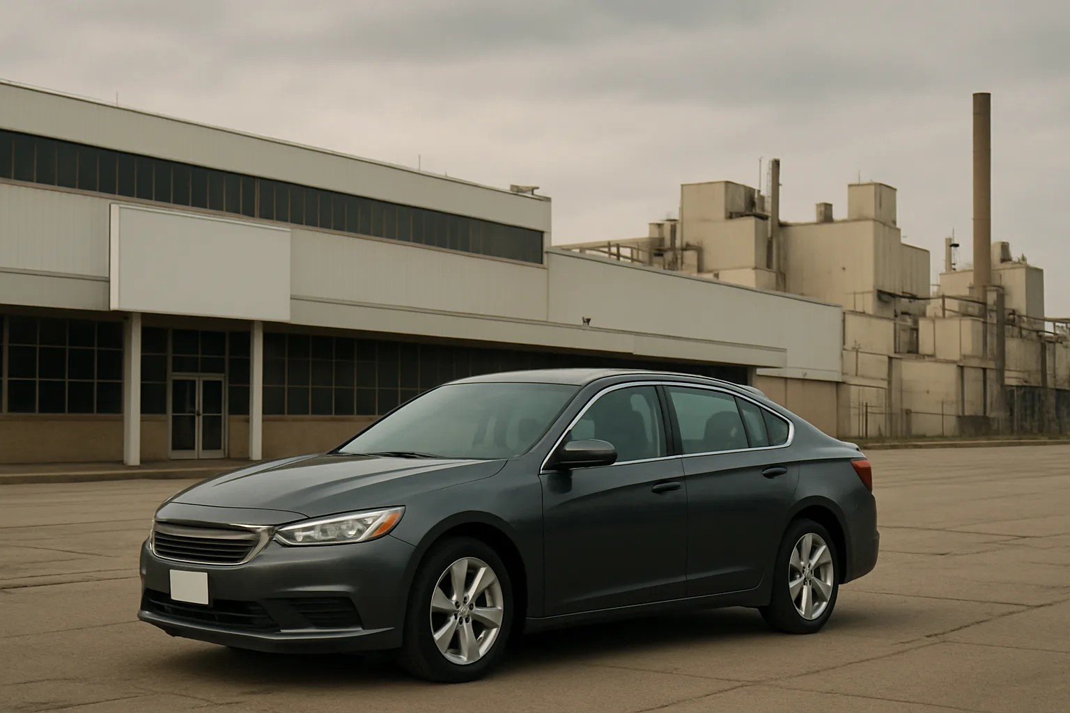 Dark grey sedan parked on an empty asphalt lot in front of a large, beige industrial building under a cloudy sky