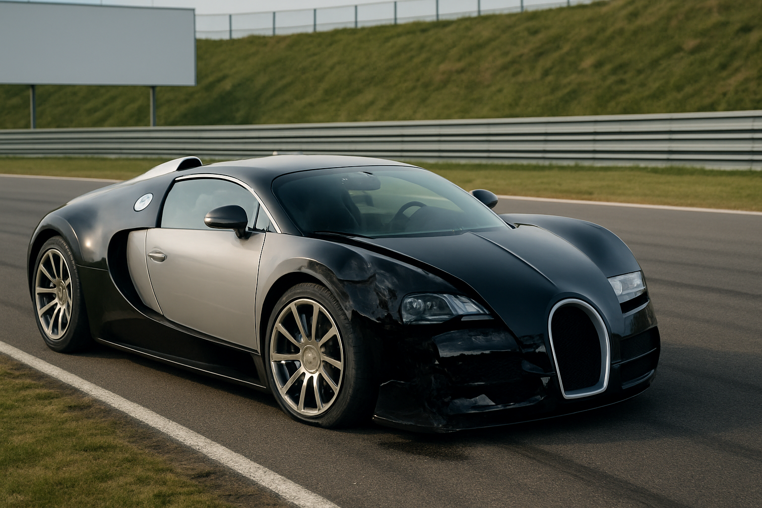 Black and silver sports car with front-end damage parked on a racetrack beside a grassy embankment
