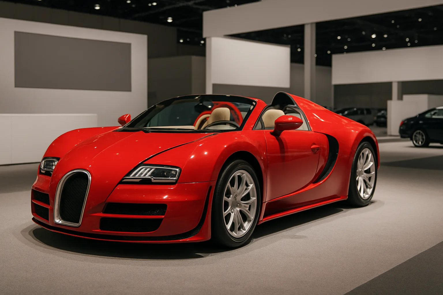 Sleek red convertible sports car with silver wheels and beige interior under bright indoor exhibition lighting