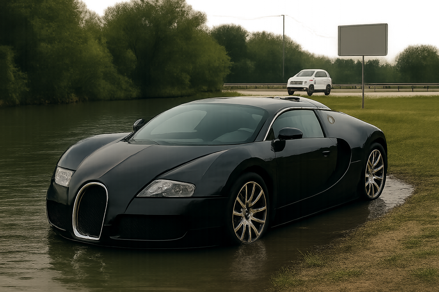 Glossy black sports car with sleek curves partially in shallow water beside a grassy bank, a white SUV and empty sign in background