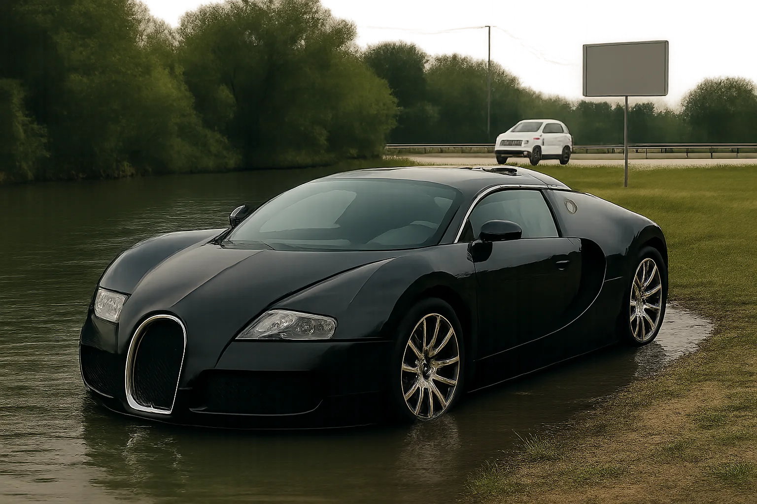 Glossy black sports car with sleek curves partially in shallow water beside a grassy bank, a white SUV and empty sign in background