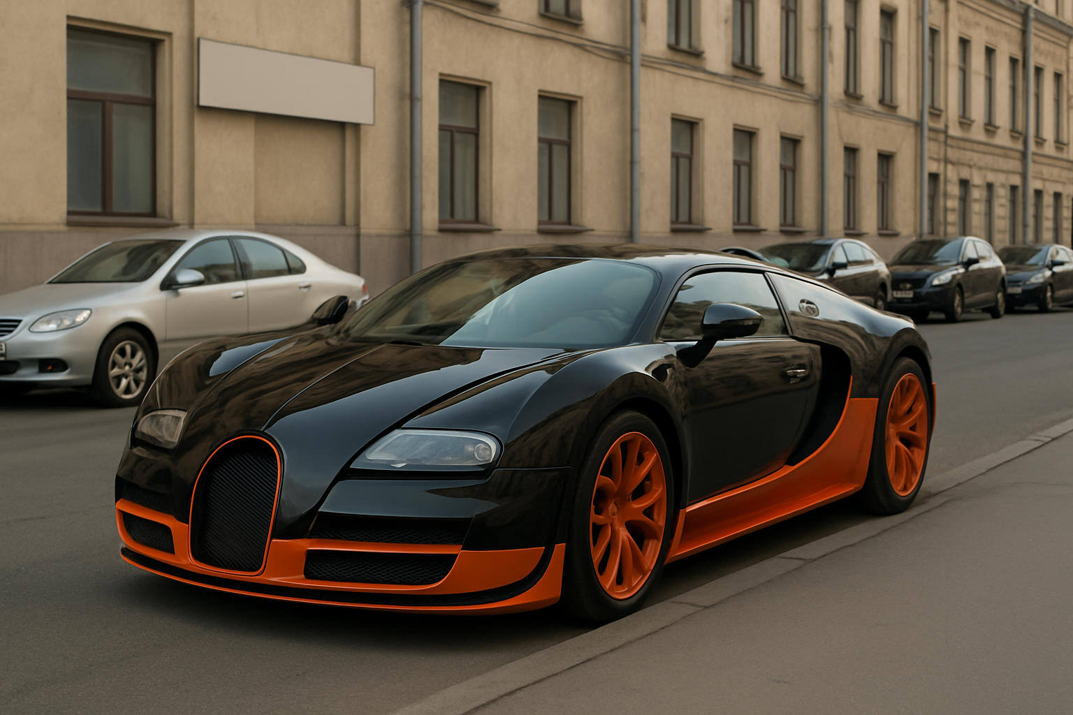 Sleek black sports car with vivid orange accents and wheels parked on a city street near beige buildings in soft daylight