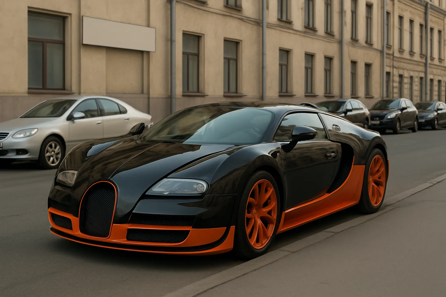 Sleek black sports car with vivid orange accents and wheels parked on a city street near beige buildings in soft daylight