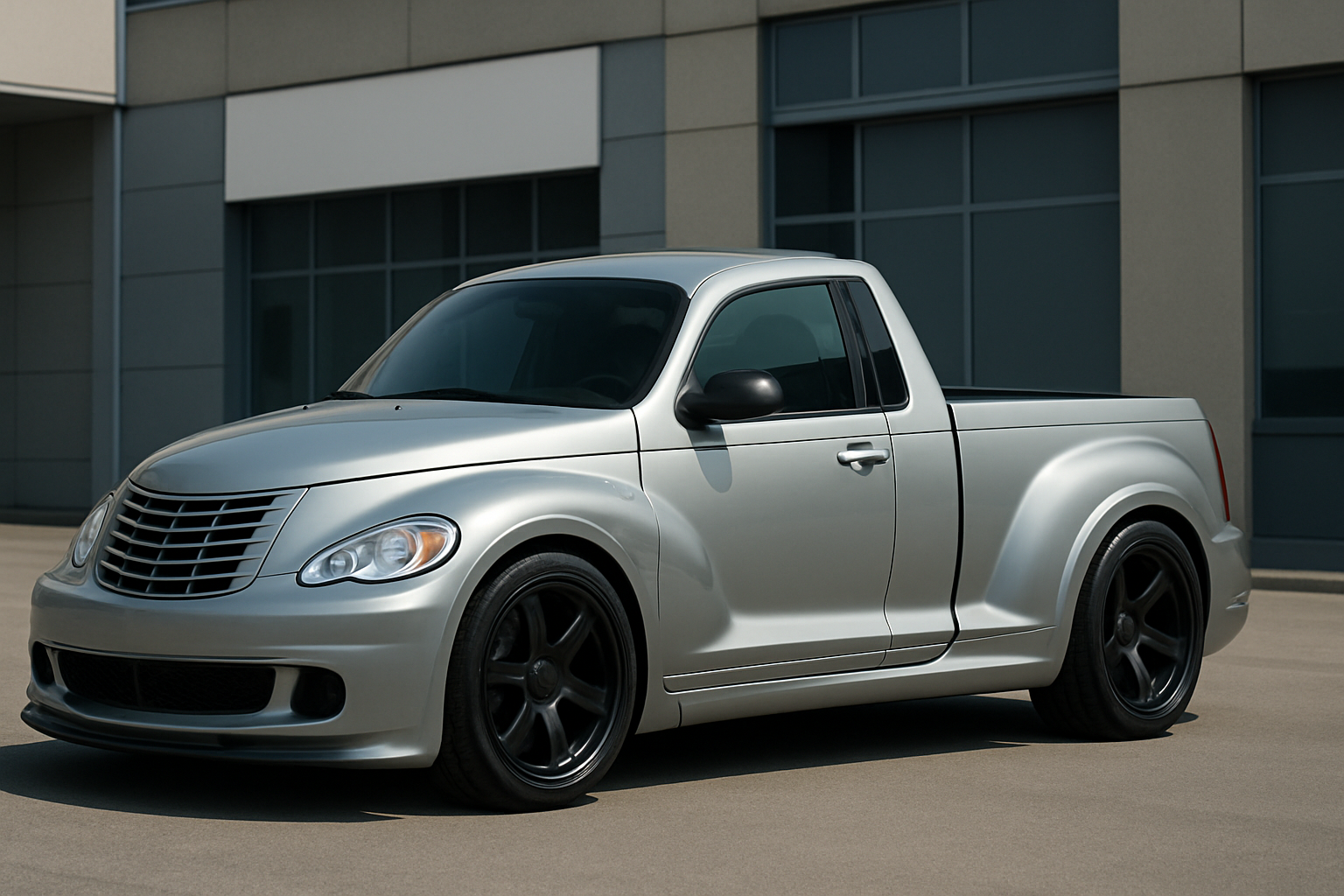 A silver widebody pickup truck with smooth, rounded lines and black alloy wheels parked on a concrete surface in daylight