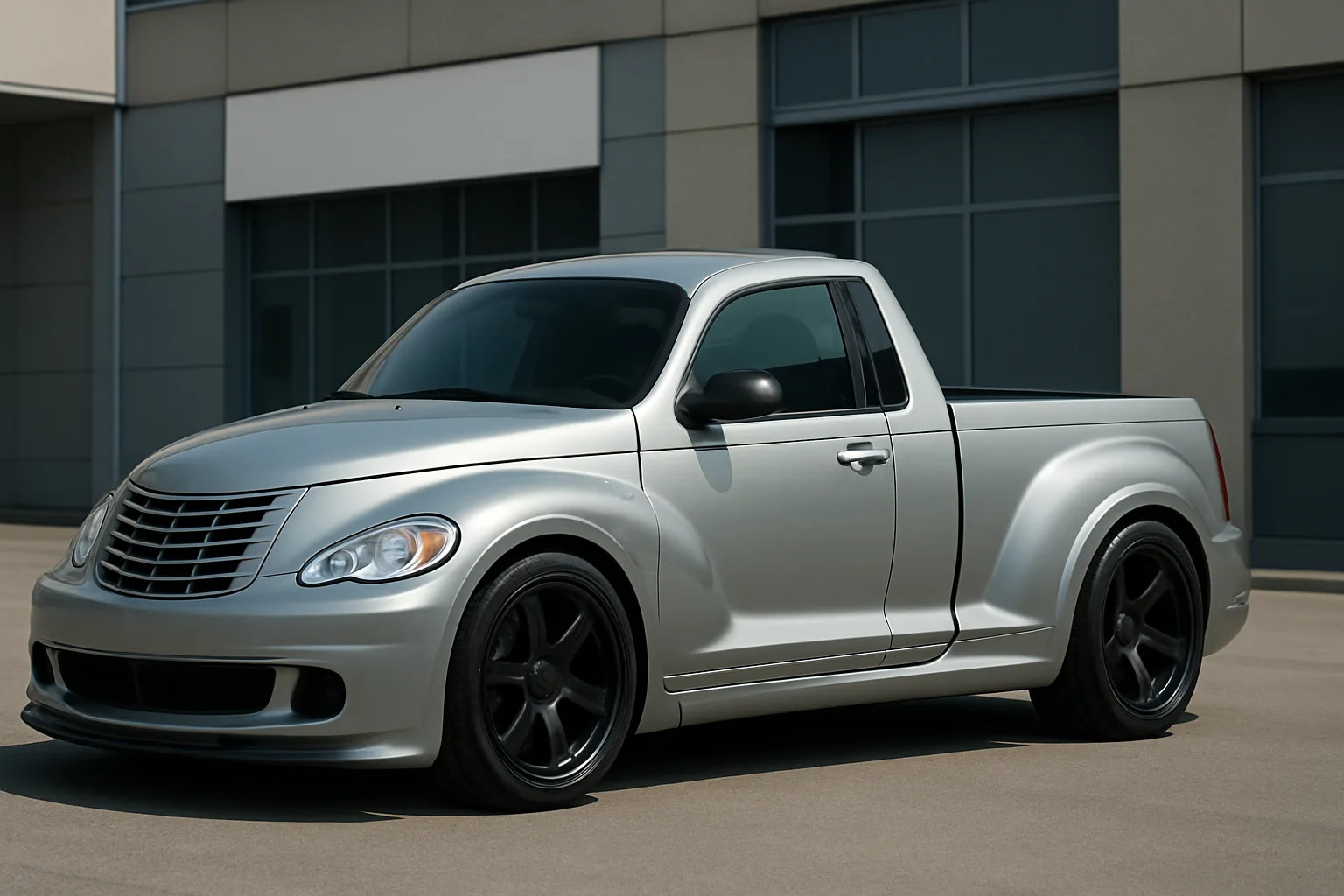 A silver widebody pickup truck with smooth, rounded lines and black alloy wheels parked on a concrete surface in daylight