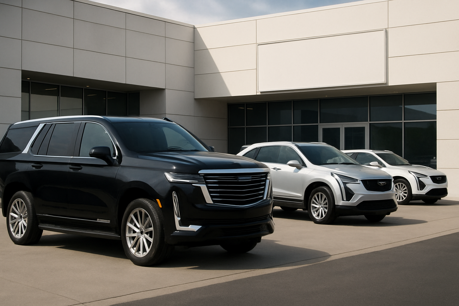 Three large, modern SUVs in black, silver, and white parked on a sunlit concrete driveway before a white building