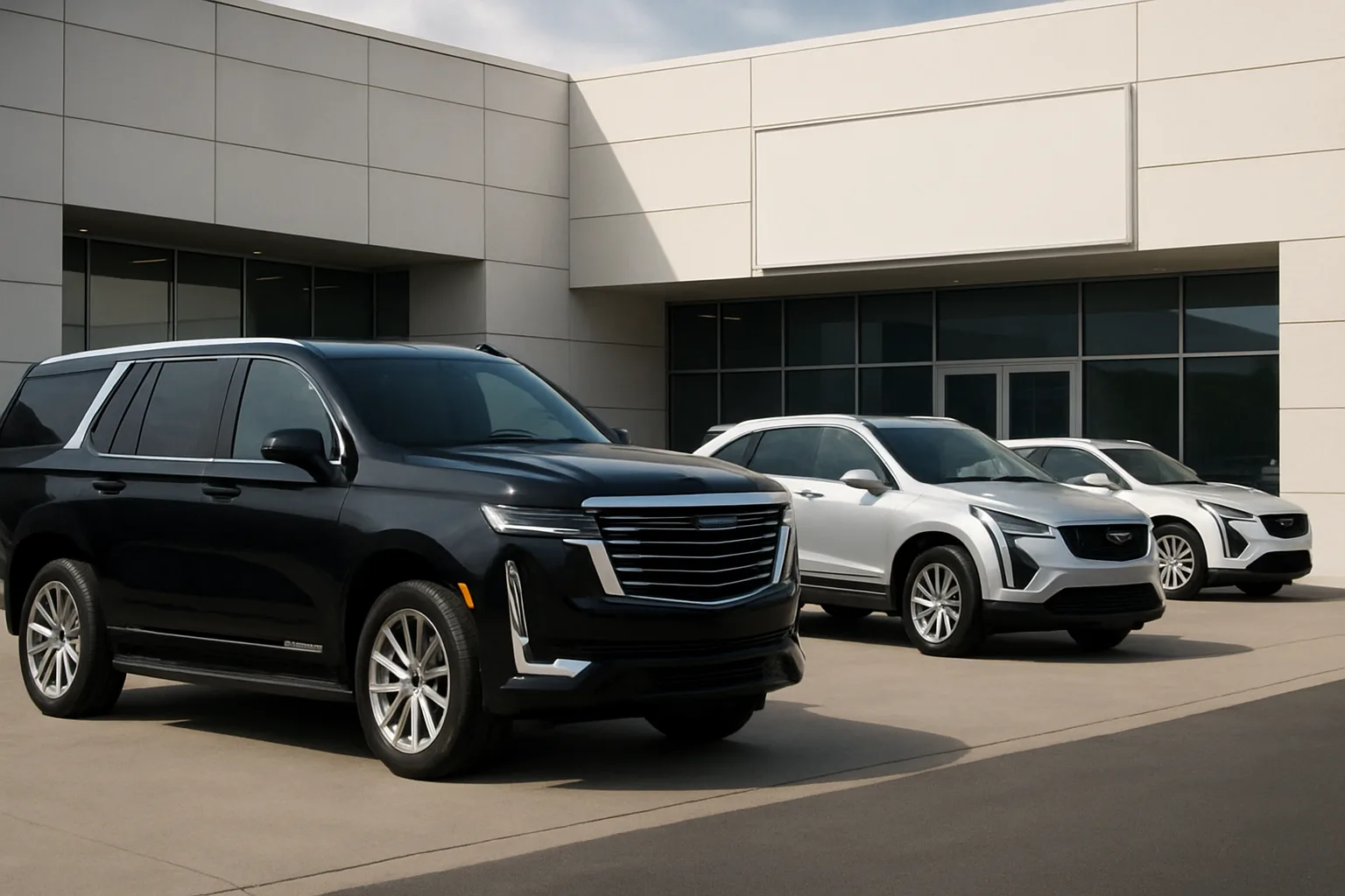 Three large, modern SUVs in black, silver, and white parked on a sunlit concrete driveway before a white building