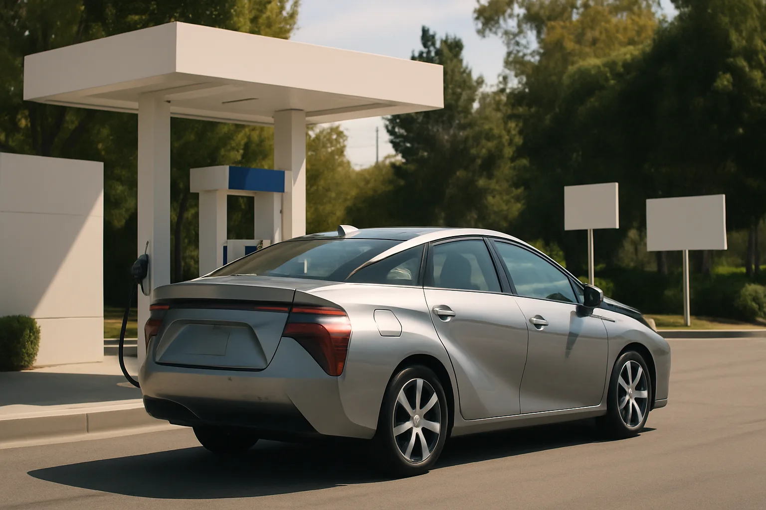 Sleek silver car parked beside a modern white fuel pump under bright natural light, surrounded by greenery and blank signs