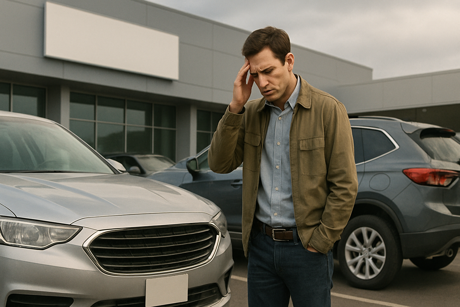 A man stands in a car lot beside a silver vehicle, touching his forehead and looking down with a worried expression