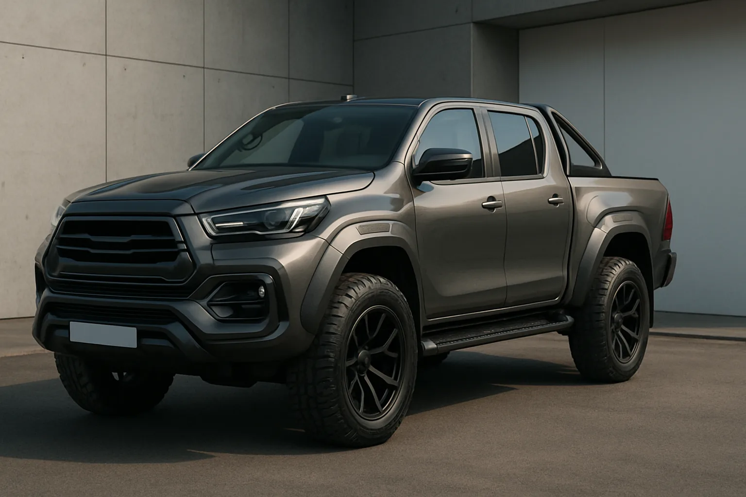 Matte grey pickup truck with large black alloy wheels and rugged detailing parked on a clean concrete surface in soft daylight