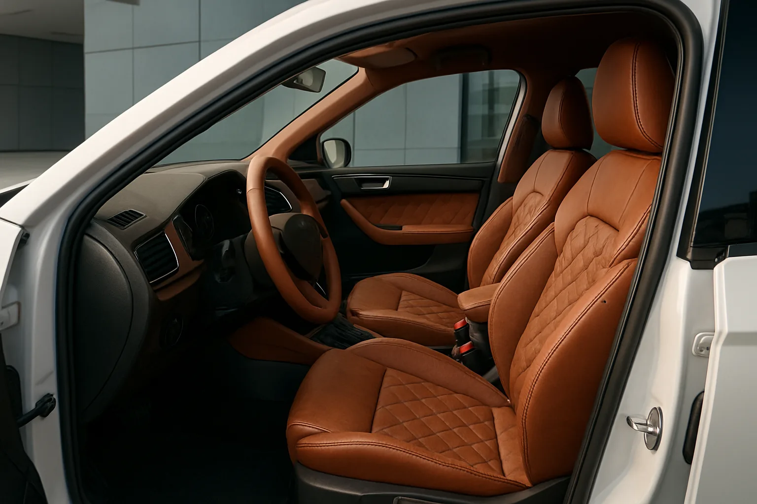 Rich brown leather seats with quilted stitching and matching trim in a modern, well-lit car interior with black accents