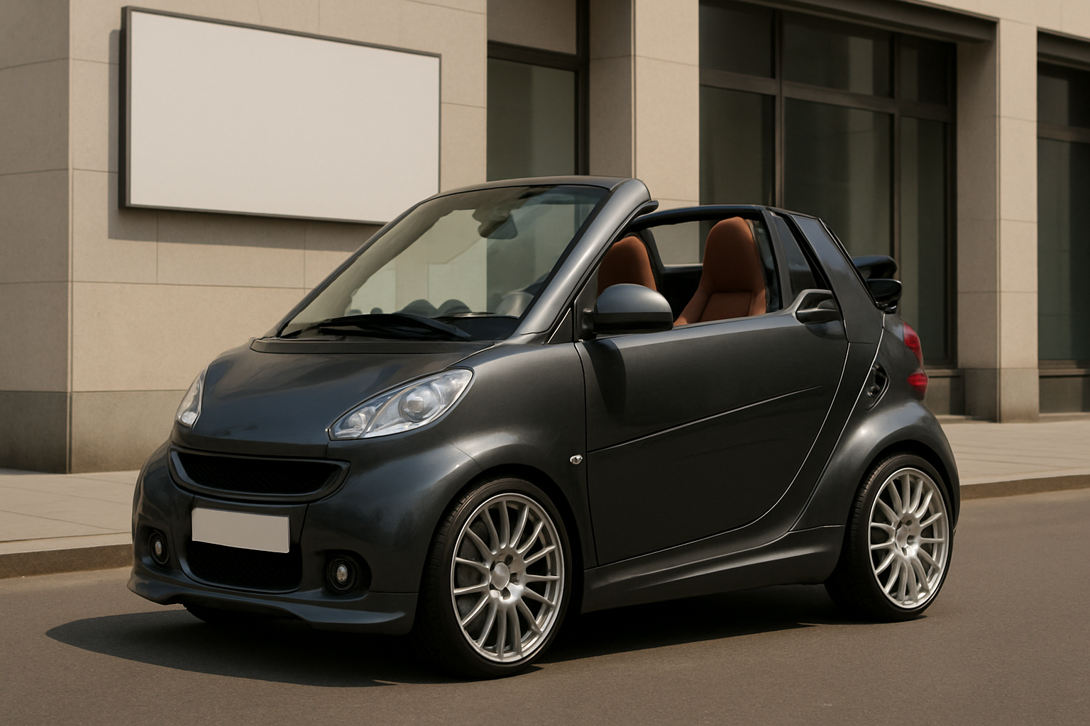Compact dark grey convertible with silver alloy wheels and tan interior parked on a sunlit urban street