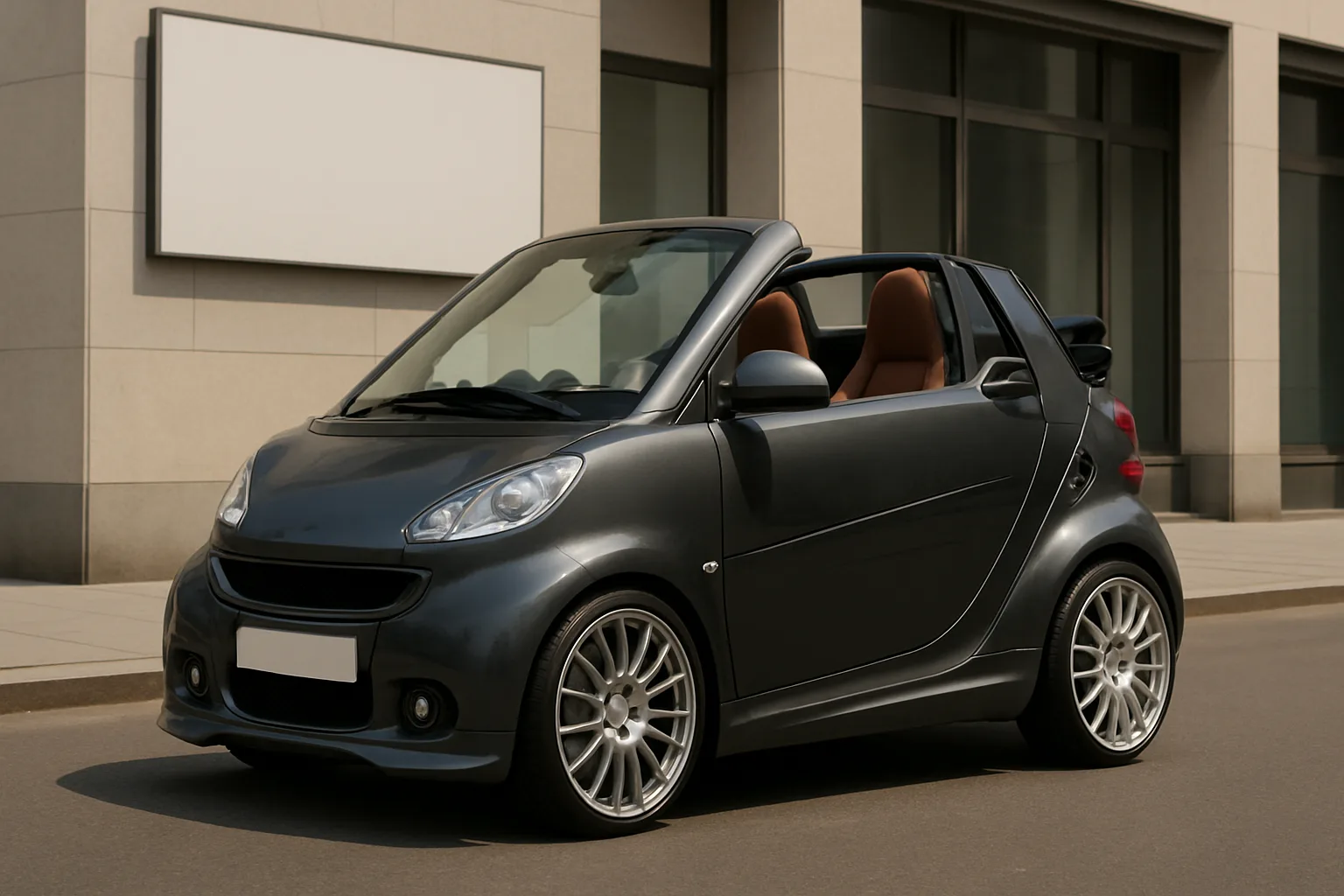 Compact dark grey convertible with silver alloy wheels and tan interior parked on a sunlit urban street