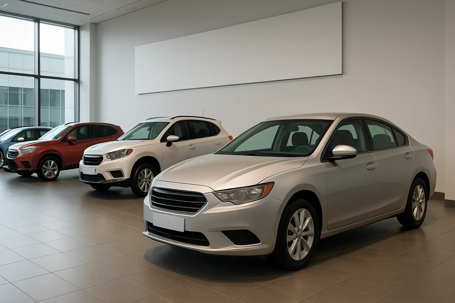 Three generic cars in silver, white, and red parked on a showroom floor with large windows and neutral walls