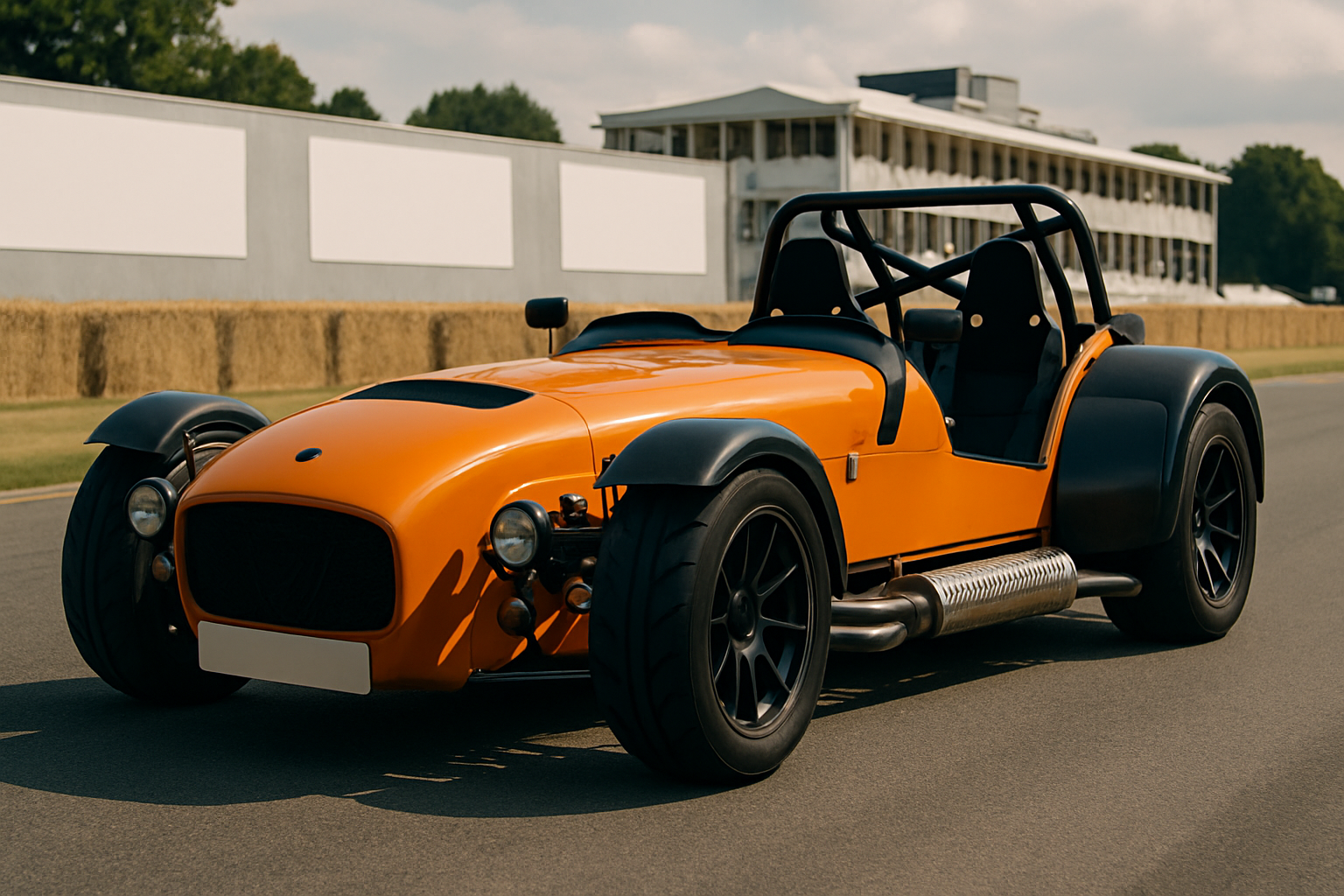 Bright orange open-top sports car with exposed wheels and black detailing parked on an empty racetrack in sunlight