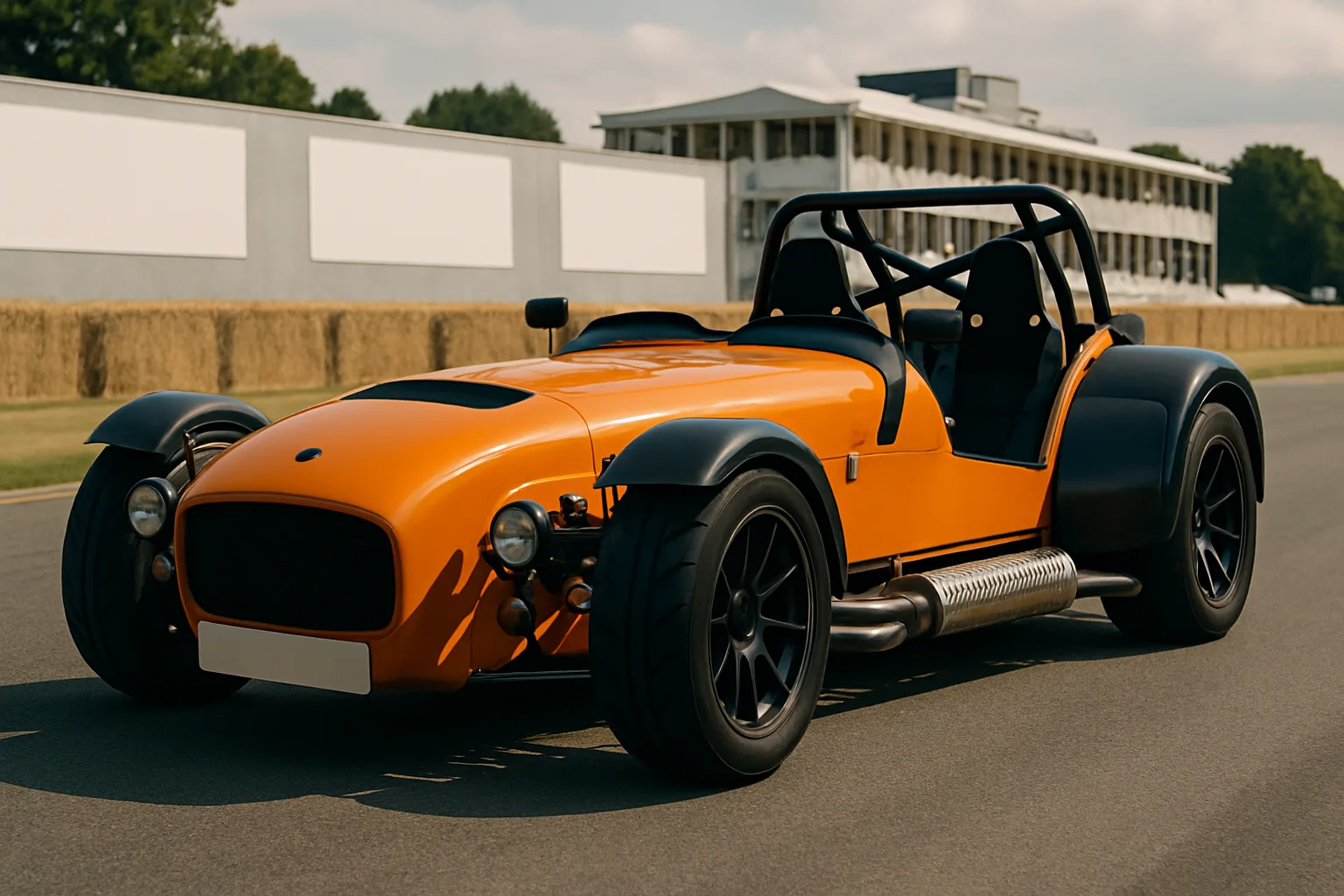 Bright orange open-top sports car with exposed wheels and black detailing parked on an empty racetrack in sunlight