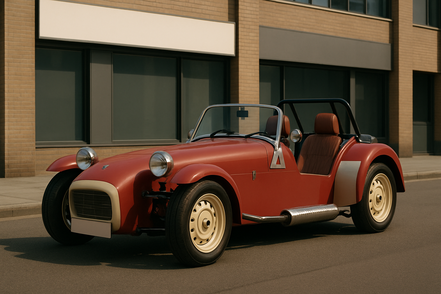 Open-top, vintage-style red sports car with cream wheels and chrome details parked on a city street in soft daylight