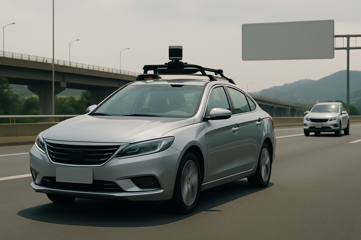 Silver sedan with a roof-mounted sensor drives on a multi-lane highway under a hazy sky, another car following behind