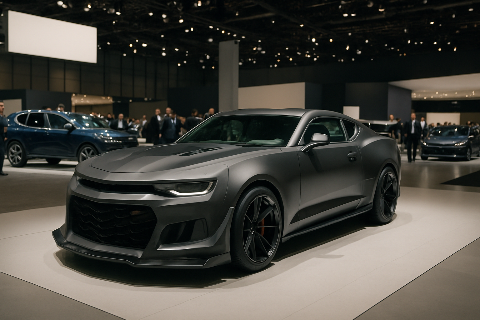 A matte dark grey sports coupe with aggressive lines and black wheels displayed under bright exhibition lighting on a showroom floor