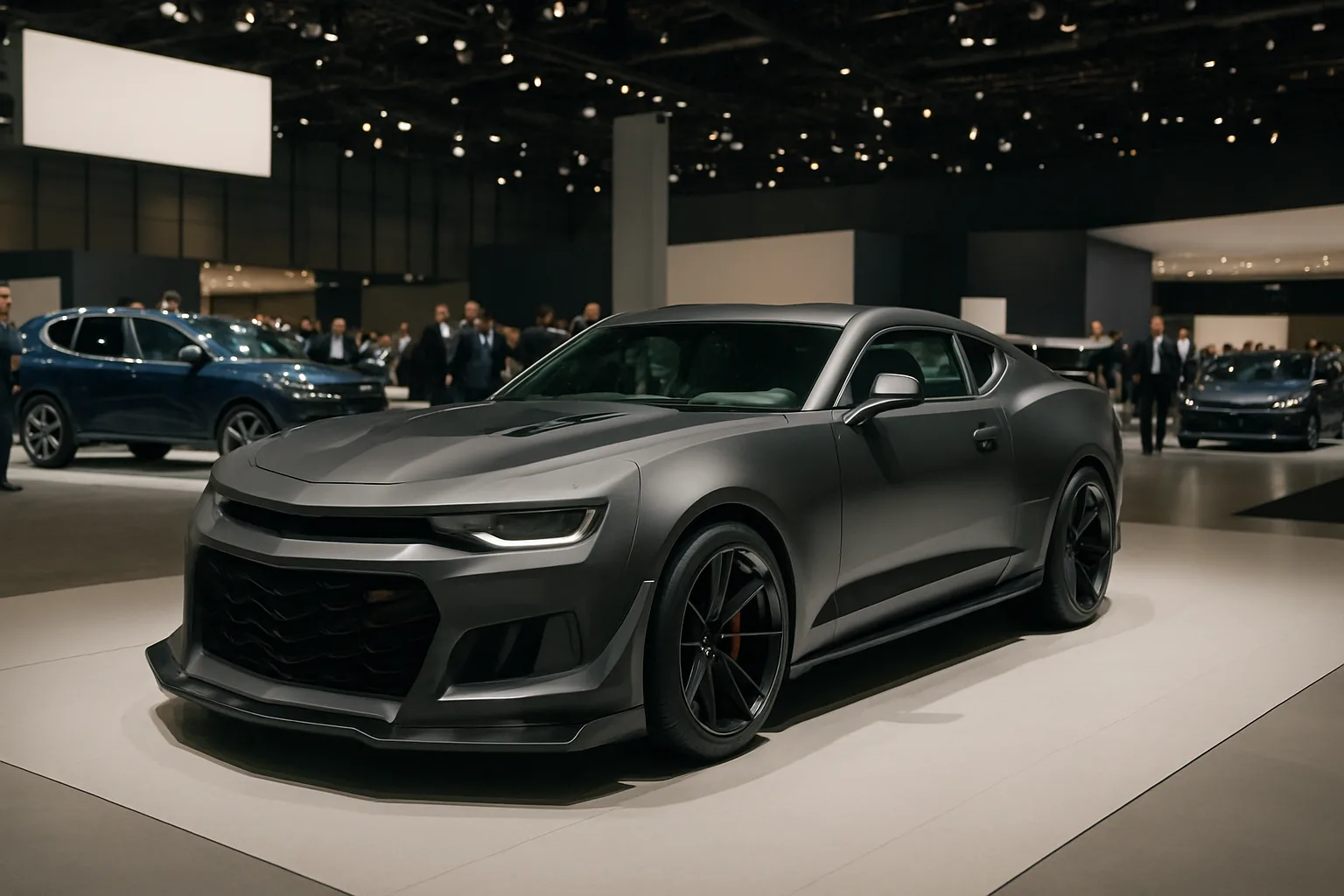 A matte dark grey sports coupe with aggressive lines and black wheels displayed under bright exhibition lighting on a showroom floor