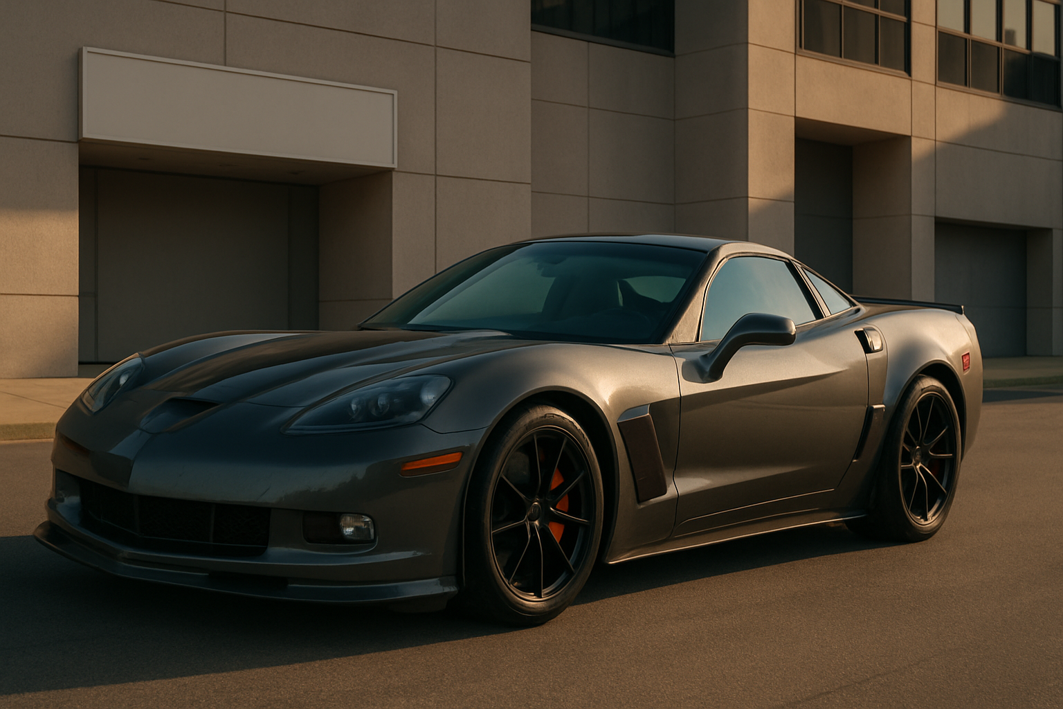 Low-slung metallic grey sports car with black wheels parked on sunlit pavement beside a beige modern building