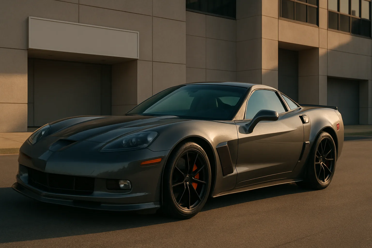 Low-slung metallic grey sports car with black wheels parked on sunlit pavement beside a beige modern building