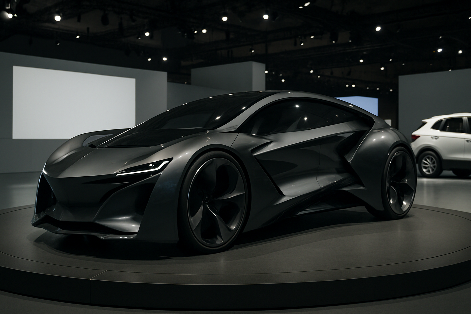 Futuristic dark grey concept car with sharp angular lines and large wheels displayed on a circular platform in a showroom