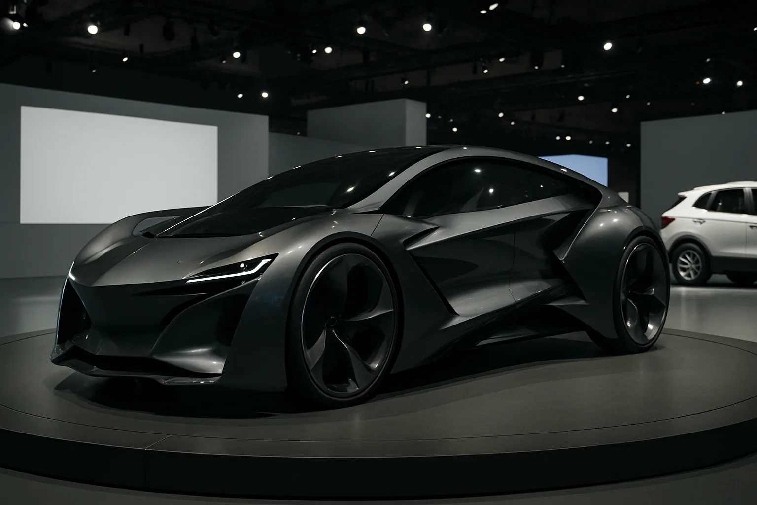 Futuristic dark grey concept car with sharp angular lines and large wheels displayed on a circular platform in a showroom