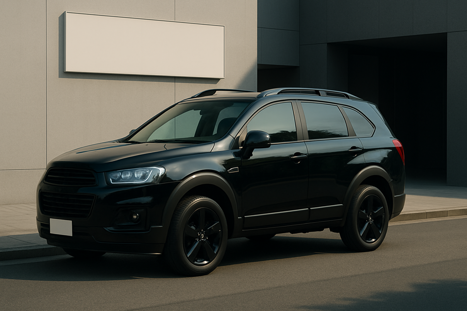 A glossy black SUV with tinted windows parked beside a modern grey building under soft daylight