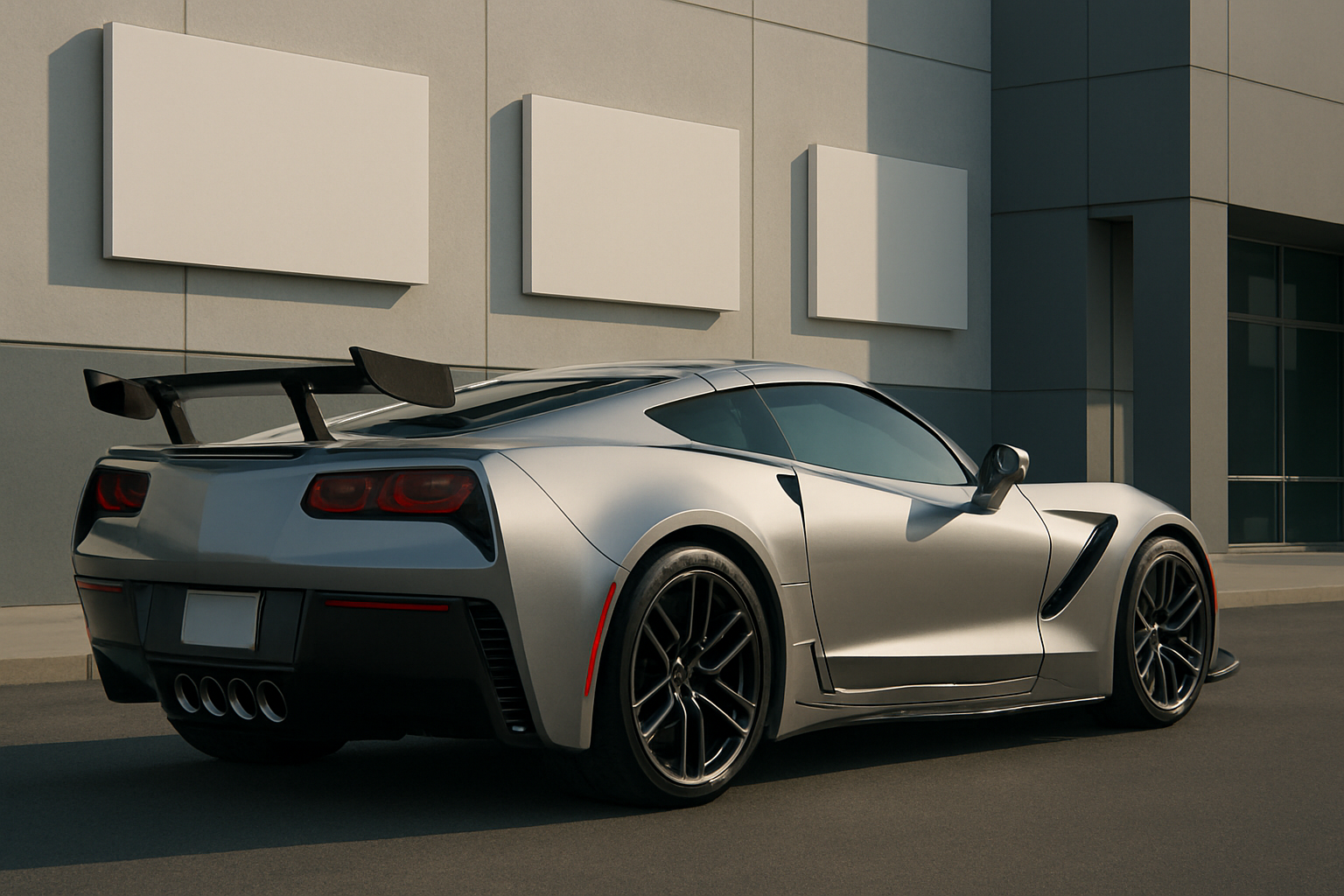 Matte silver sports car with black rear wing and quad exhausts parked by a modern building with geometric panels